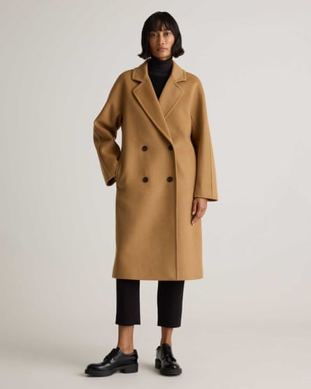 Model wearing Quince Italian Wool Double Breasted Slouch Coat