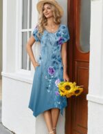 Zeagoo Womens Casual Dress for Summer Short Sleeve Loose Flowy Beach Dress with Pockets Hankerchief Flare Midi Sundress 2026 - Image 3