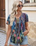 LOMON Womens Summer Tops Short Sleeve V Neck Pleated T-Shirts Loose Fit Dressy Casual Blouses S-XXL - Image 5