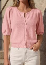 PRETTYGARDEN Women Short Sleeve Lightweight Knit Cardigans | Soft Button Up Shirts, Comfy Sweater Tops, Scalloped Crew Neck, Spring Summer Clothes for Casual Outings, Date Nights & Work - Image 3