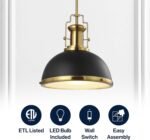 JONATHAN Y 13" Black/Brass Gold Modern Industrial Iron LED Dome Pendant Light, Adjustable Hanging Fixture for Kitchen Island or Entryway, Black Metal Shade, LED Bulb Included (JYL9536A) - Image 3