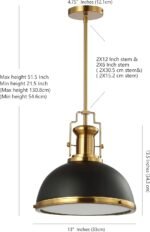 JONATHAN Y 13" Black/Brass Gold Modern Industrial Iron LED Dome Pendant Light, Adjustable Hanging Fixture for Kitchen Island or Entryway, Black Metal Shade, LED Bulb Included (JYL9536A) - Image 4