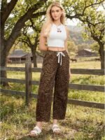 GRAPENT Barrel Jeans for Women Trendy High Waisted Pull On Wide Leg Cropped Leopard Cheetah Print Stretchy Denim Pants - Image 4