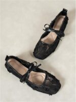 Milumia Women's Lace Mesh Ballet Flats Bowknot Square Closed Toe Slip on Dress Shoes - Image 4