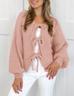 PRETTYGARDEN Women's Tie Front Bow Cardigan Sweaters Chunky Knit Long Puff Sleeve Trendy Fall Winter Jacket Coats - Image 3