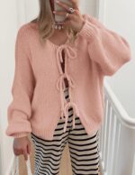 PRETTYGARDEN Women's Tie Front Bow Cardigan Sweaters Chunky Knit Long Puff Sleeve Trendy Fall Winter Jacket Coats - Image 5