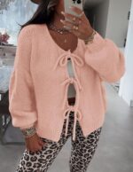 PRETTYGARDEN Women's Tie Front Bow Cardigan Sweaters Chunky Knit Long Puff Sleeve Trendy Fall Winter Jacket Coats - Image 6