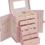 SONGMICS 6-Layer Jewelry Box Organizer with 5 Drawers, Jewelry Storage Case with Lock and Mirror, Large Storage Capacity, Gift for Loved Ones, for Necklaces, Watches, Jelly Pink UJBC152SA02S