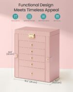 SONGMICS 6-Layer Jewelry Box Organizer with 5 Drawers, Jewelry Storage Case with Lock and Mirror, Large Storage Capacity, Gift for Loved Ones, for Necklaces, Watches, Jelly Pink UJBC152SA02S - Image 3