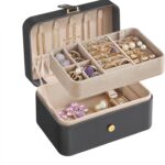 SONGMICS GISELLA Collection - Travel Jewelry Organizer, 2-Layer Jewelry Case Holder with Shiny Metal Hardware, Portable, Premium Velvet, for Earrings Necklaces, Slate Grey UJBC166G01