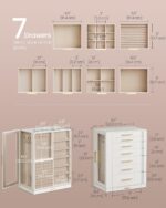 SONGMICS GISELLA Collection - Jewelry Box 360° Rotating, Jewelry Storage Case with 7 Drawers, Jewelry Organizer, Glass Window, Open Design, Great Gift, Light Warm White and Light Camel UJBC201W01 - Image 4