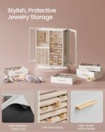SONGMICS GISELLA Collection - Jewelry Box 360° Rotating, Jewelry Storage Case with 7 Drawers, Jewelry Organizer, Glass Window, Open Design, Great Gift, Light Warm White and Light Camel UJBC201W01 - Image 5
