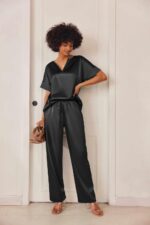 Ekouaer Satin Pajama Set Womens Silk Short Sleeve V Neck Shirt with Long Pant Soft Loungewear Pjs Set - Image 3