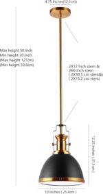 JONATHAN Y 10" Black/Brass Gold Modern Industrial Iron LED Dome Pendant Light, Adjustable Hanging Fixture for Kitchen Island or Entryway, Black Metal Shade, LED Bulb Included JYL9535A - Image 3
