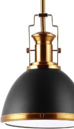 JONATHAN Y 10" Black/Brass Gold Modern Industrial Iron LED Dome Pendant Light, Adjustable Hanging Fixture for Kitchen Island or Entryway, Black Metal Shade, LED Bulb Included JYL9535A - Image 5