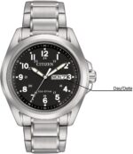 Citizen Men's Eco-Drive Weekender Garrison Field Watch in Stainless Steel, Black Dial, Arabic Markers, Luminous, 43mm (Model: AW0050-82E) - Image 3
