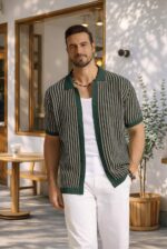 COOFANDY Mens Knit Button Down Shirts Short Sleeve Polo Shirt Vintage Striped Casual Shirts - Image 3