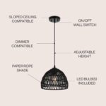 JONATHAN Y 10.25" Black Modern Bohemian Woven Rope LED Pendant Light Fixture, Adjustable Dome Ceiling Lamp for Kitchen Island, Rope Shade, Coastal Farmhouse Decor (JYL6513B) - Image 3