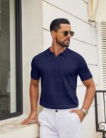 COOFANDY Mens Knit Polo Shirts V Neck Short Sleeve Ribbed Textured Polo Shirt Stretch Casual Golf Shirts Collared T Shirt - Image 3