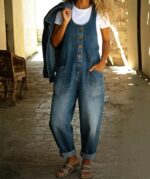 chouyatou Women's Suspender Strap Loose Denim Bib Overalls Y2k Baggy Distressed Jeans Wide Leg Jumpsuit Pants - Image 3