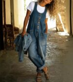chouyatou Women's Suspender Strap Loose Denim Bib Overalls Y2k Baggy Distressed Jeans Wide Leg Jumpsuit Pants - Image 4