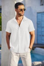 COOFANDY Men's Casual Button Down Shirts Short Sleeve Textured Summer Beach Shirt with Pocket - Image 3