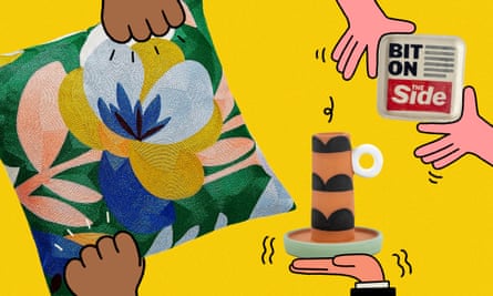 Composite of image of a cushion, candleholder and small plate with illustrations of hands holding the items on a yellow background