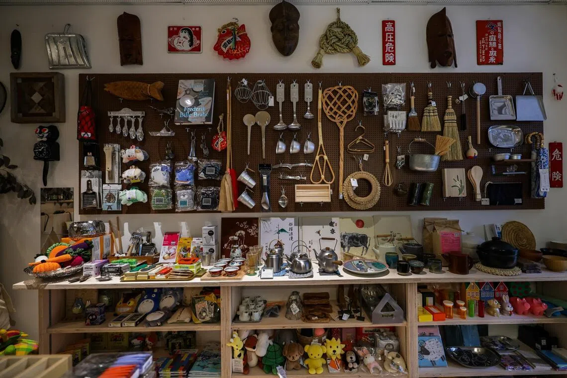 The object wall at the monocot shop, a 35 sq m store selling collectibles and lifestyle products in Joo Chiat Road.