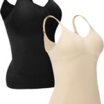 ATTLADY Compression Tank Tops for Women, 2-Pack, High Shaping Scoop & V-Neck Cami, Shapewear Tummy Control Camisole