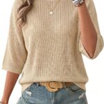 Arach&Cloz Womens Summer 100% Cotton Oversized Crochet Tops 3/4 Length Sleeve Sweater Hollow Out Casual Blouses 2026