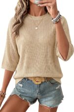 Arach&Cloz Womens Summer 100% Cotton Oversized Crochet Tops 3/4 Length Sleeve Sweater Hollow Out Casual Blouses 2026