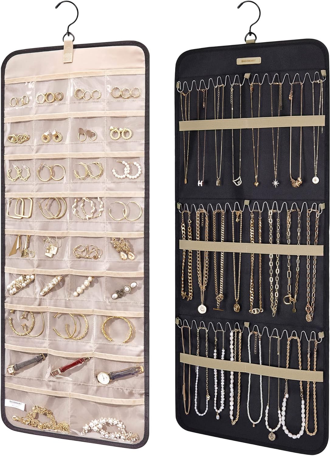 BAGSMART Hanging Jewelry Organizer Storage Roll with Hanger Metal Hooks BAGSMART Hanging Jewelry Organizer Storage Roll with Hanger Metal Hooks Double-Sided Jewelry Holder for Earrings, Necklaces, Rings on Closet, Wall, Door, 1 piece, Large, Black - Image 1