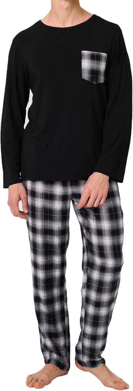 BAMBOO COOL Mens Pajamas Set Plaid Pjs Pijama Long Sleeve with Pockets | Christmas Pajamas Set, Plaid Pjs, Lightweight Pijama, Long Sleeve, Woven Pants, bottoms with Pockets