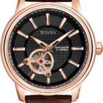 Bulova Men's Classic 3-Hand Automatic Leather Strap Watch, 21-Jewels, Hack Feature, Luminous Hands and Markers,Open Aperture and Exhibition Case Back