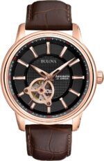 Bulova Men's Classic 3-Hand Automatic Leather Strap Watch, 21-Jewels, Hack Feature, Luminous Hands and Markers,Open Aperture and Exhibition Case Back