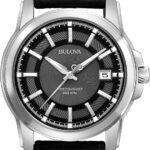 Bulova Men's Precisionist 3-Hand Calendar in Stainless Steel with Black Leather Strap and Black Patterned Dial Style: 96B158