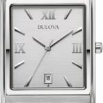Bulova Men's Stainless Steel 3-Hand Calendar Date Quartz Watch with Black Leather Strap, Rectangle Dial Style: 96B107