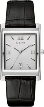 Bulova Men's Stainless Steel 3-Hand Calendar Date Quartz Watch with Black Leather Strap, Rectangle Dial Style: 96B107