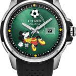 CITIZEN Men's Eco-Drive Mickey Mouse, 44mm Silver-Tone Stainless Steel Case with a Black Silicone Strap & Green Dial (Style: AW1656-08W)