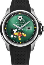 CITIZEN Men's Eco-Drive Mickey Mouse, 44mm Silver-Tone Stainless Steel Case with a Black Silicone Strap & Green Dial (Style: AW1656-08W)