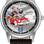 CITIZEN Men's Eco-Drive Mickey's Friends, 40mm Silver-Tone Stainless Steel Case with a Black Leather Strap & Silver-Tone Dial (Style: FE7110-09W)