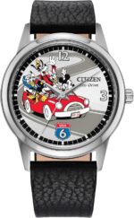 CITIZEN Men's Eco-Drive Mickey's Friends, 40mm Silver-Tone Stainless Steel Case with a Black Leather Strap & Silver-Tone Dial (Style: FE7110-09W)
