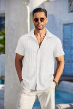 COOFANDY Men's Casual Button Down Shirts Short Sleeve Textured Summer Beach Shirt with Pocket - Image 2