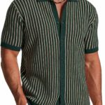 COOFANDY Mens Knit Button Down Shirts Short Sleeve Polo Shirt Vintage Striped Casual Shirts
