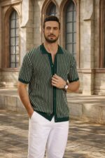 COOFANDY Mens Knit Button Down Shirts Short Sleeve Polo Shirt Vintage Striped Casual Shirts - Image 2