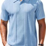COOFANDY Mens Knit Polo Shirts Short Sleeve Button Down Textured Polo Shirt Cuban Guayabera Summer Beach Shirts