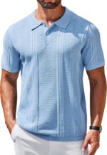 COOFANDY Mens Knit Polo Shirts Short Sleeve Button Down Textured Polo Shirt Cuban Guayabera Summer Beach Shirts