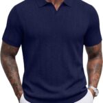 COOFANDY Mens Knit Polo Shirts V Neck Short Sleeve Ribbed Textured Polo Shirt Stretch Casual Golf Shirts Collared T Shirt