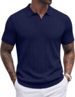 COOFANDY Mens Knit Polo Shirts V Neck Short Sleeve Ribbed Textured Polo Shirt Stretch Casual Golf Shirts Collared T Shirt
