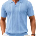COOFANDY Mens Knit Polo Shirts V Neck Textured Polo Shirts Short Sleeve Breathable Polo Casual Collared T Shirt Fashion Tops